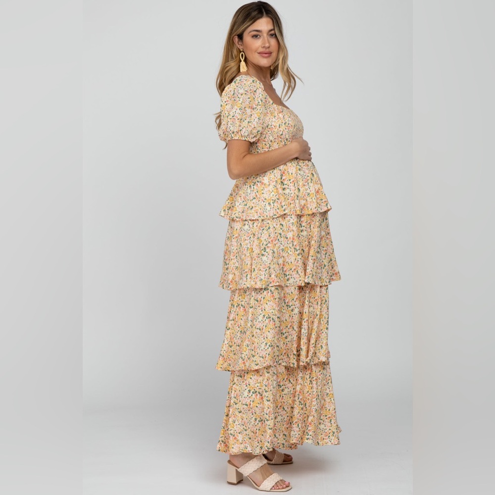 NWHT SOLD OUT PINKBLUSH Yellow Floral Square Neck Ruffle Layered Maternity Maxi - Picture 5 of 11